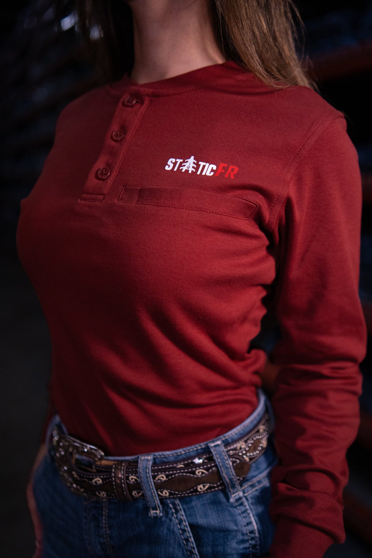 Wine Red Women's FR Henley – Western Flame-Resistant Work Shirt for Women