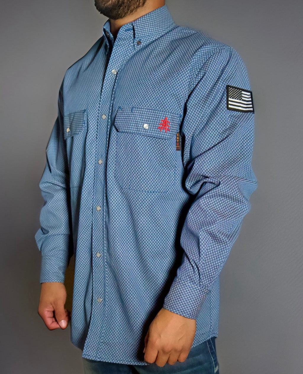 Conqueror Navy FR Pearl Snap with U.S. Flag – Western Flame-Resistant Work Shirt for Men