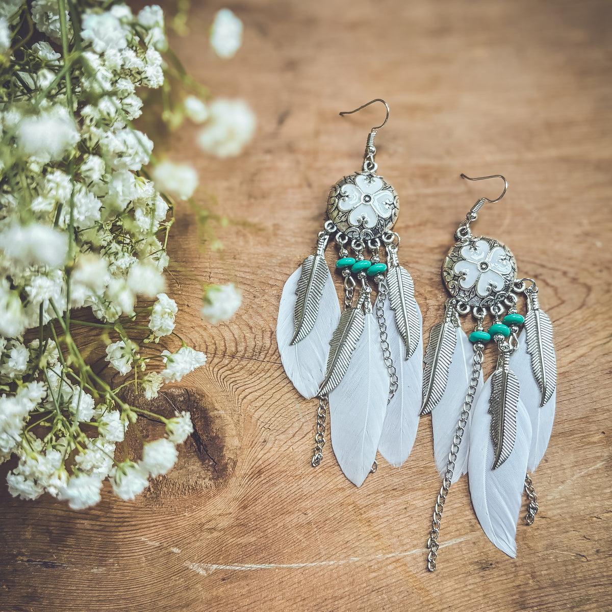 White Flower Feather Earrings – Silver Boho Western Dangle Earrings for Women