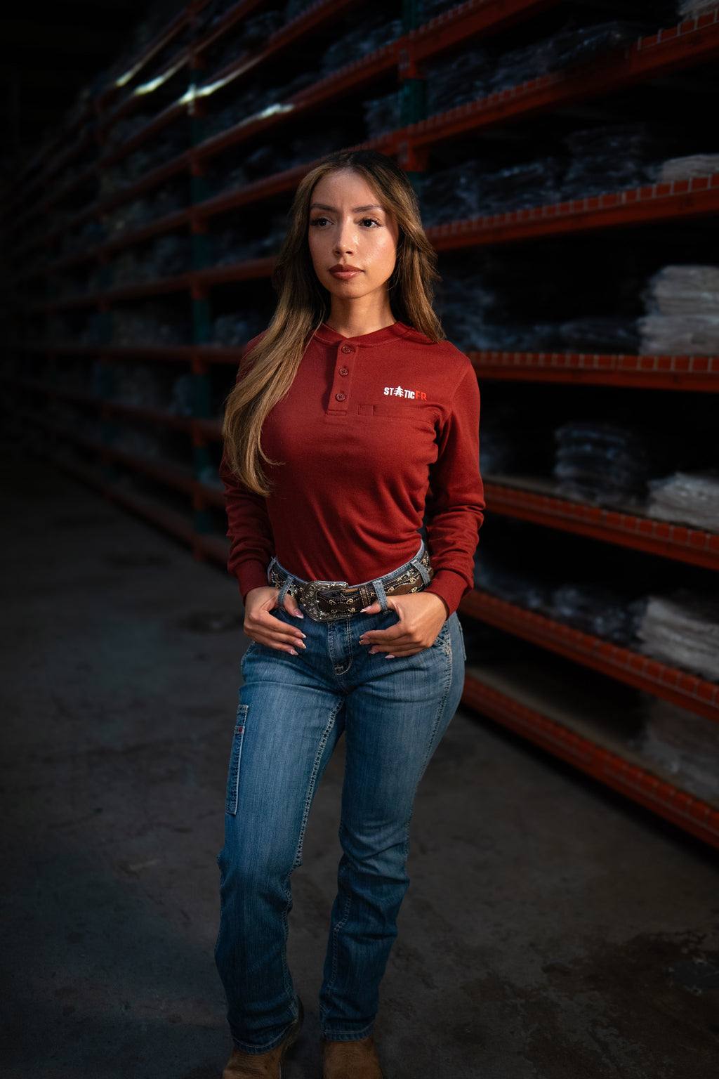 Wine Red Women's FR Henley – Western Flame-Resistant Work Shirt for Women