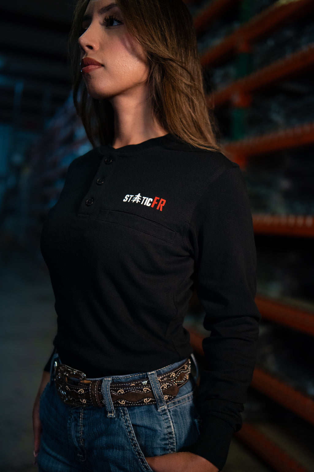 Black Women's FR Henley – Western Flame-Resistant Work Shirt for Women