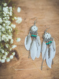 White Flower Feather Earrings – Silver Boho Western Dangle Earrings for Women
