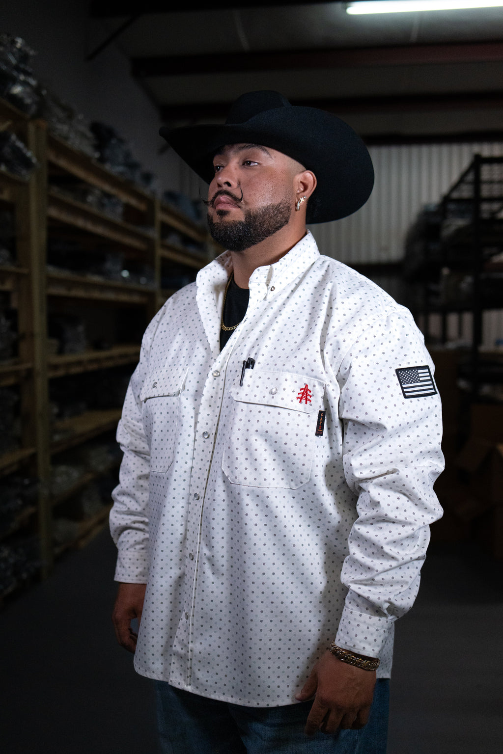 Phantom White FR Pearl Snap with U.S. Flag – Western Flame-Resistant Work Shirt for Men