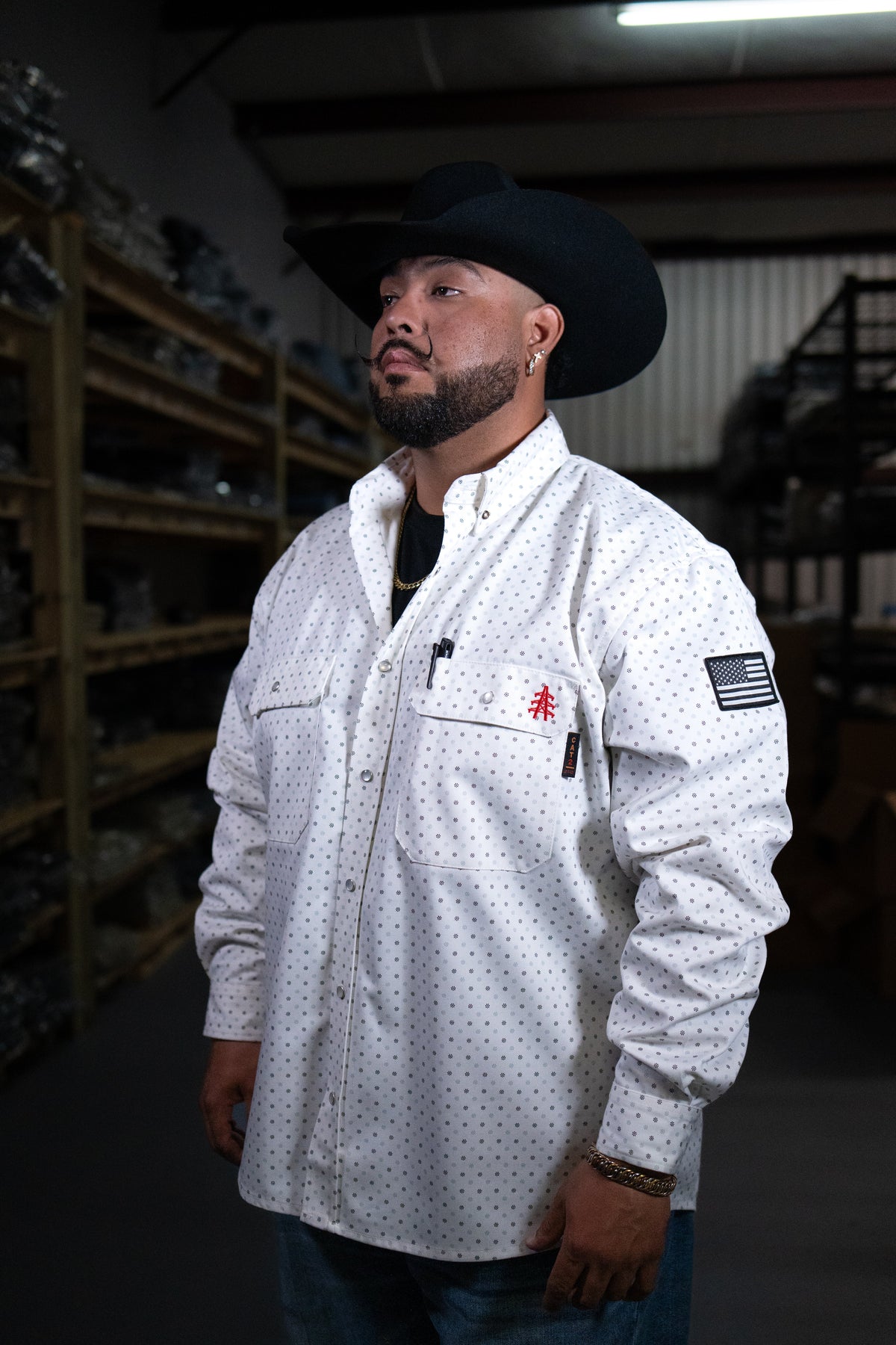 Phantom White FR Pearl Snap with U.S. Flag – Western Flame-Resistant Work Shirt for Men