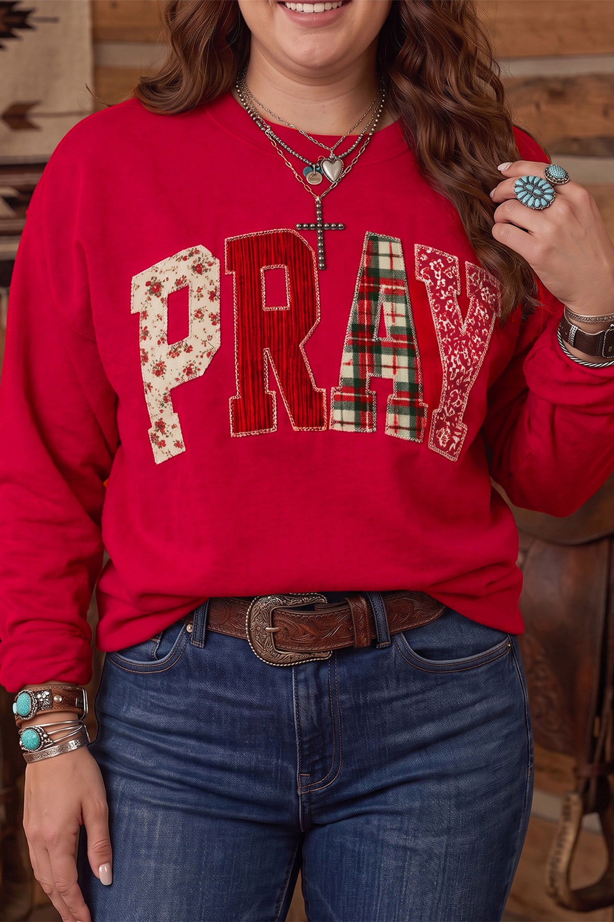 PRAY Letter Patchwork Plus Size Sweatshirt