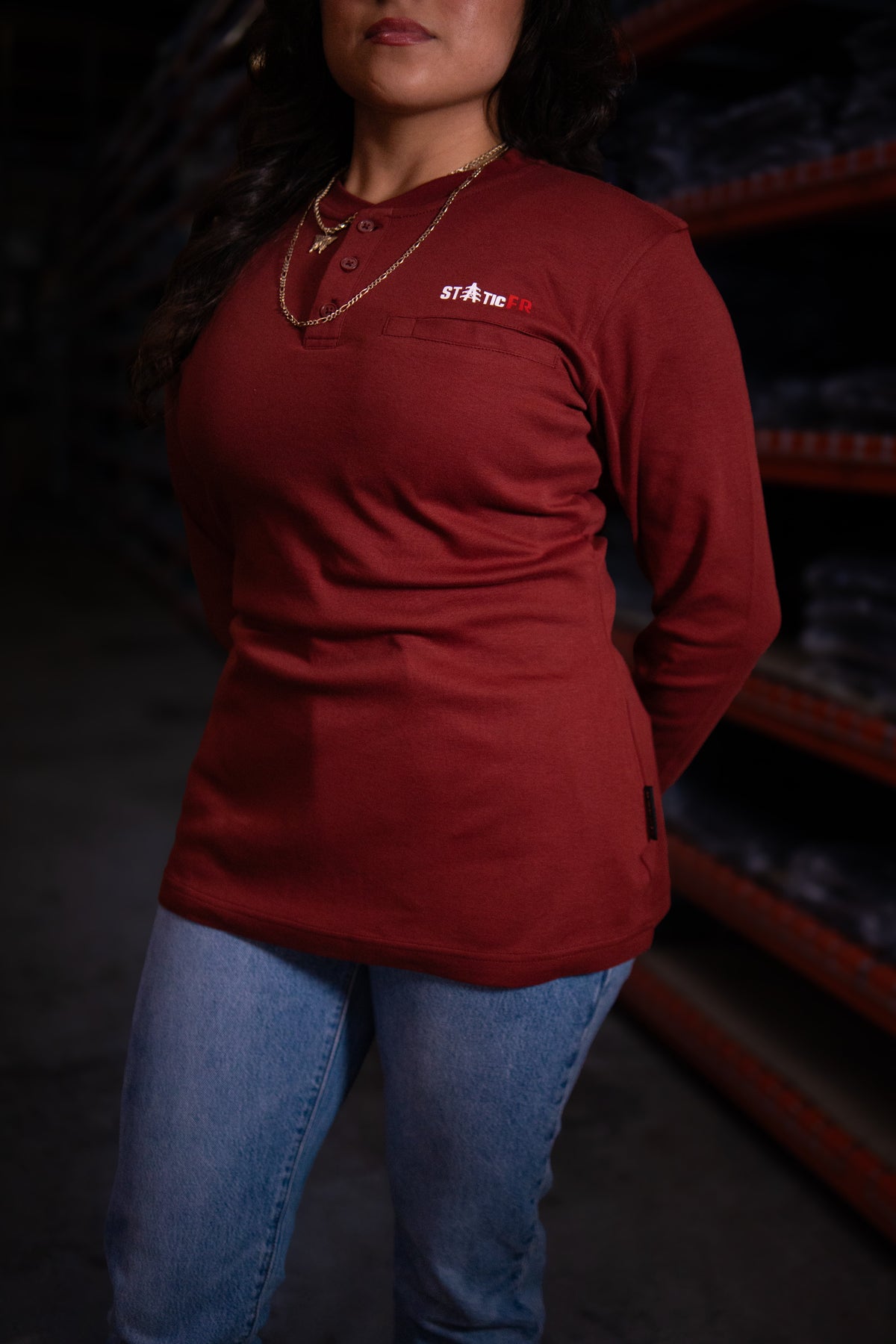 Wine Red Women's FR Henley – Western Flame-Resistant Work Shirt for Women