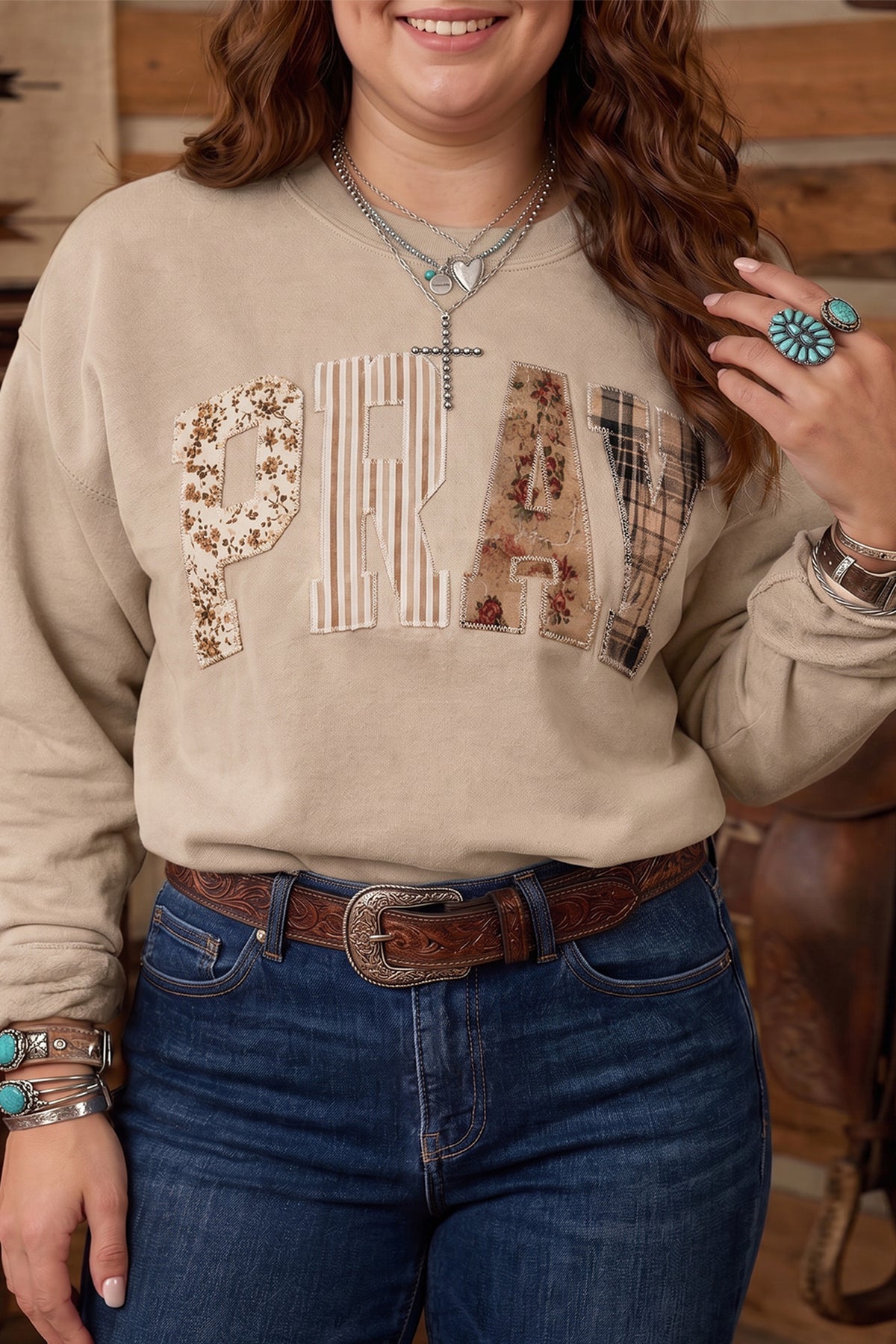 PRAY Letter Patchwork Plus Size Sweatshirt