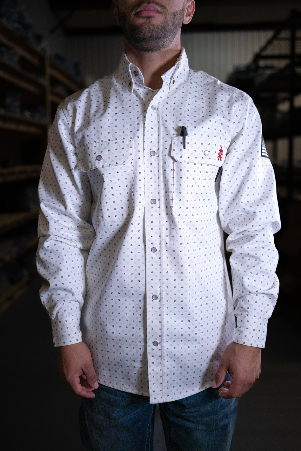 Phantom White FR Pearl Snap with U.S. Flag – Western Flame-Resistant Work Shirt for Men