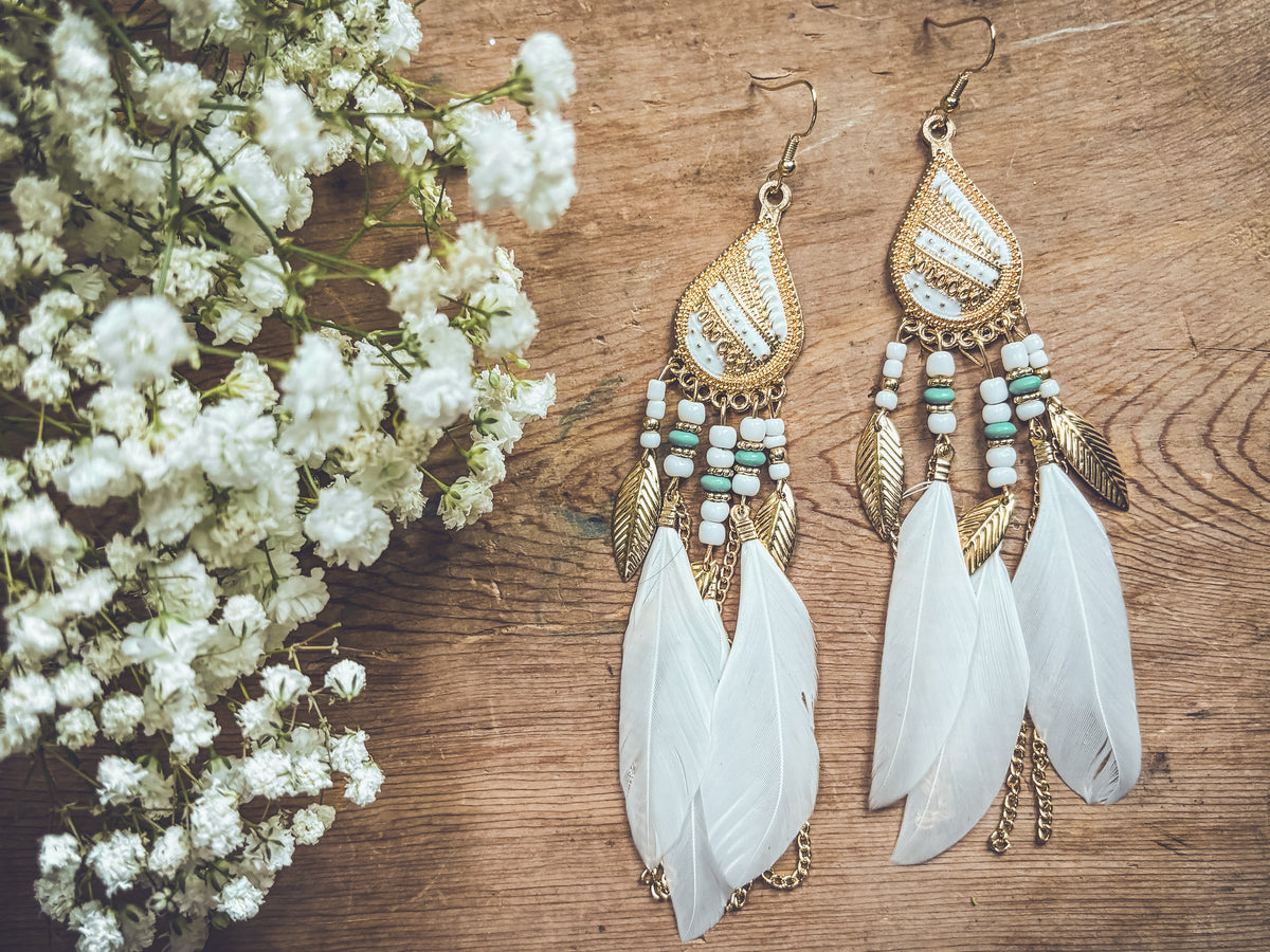 Gold Teardrop Feather Earrings – Boho Western Dangle Earrings for Women
