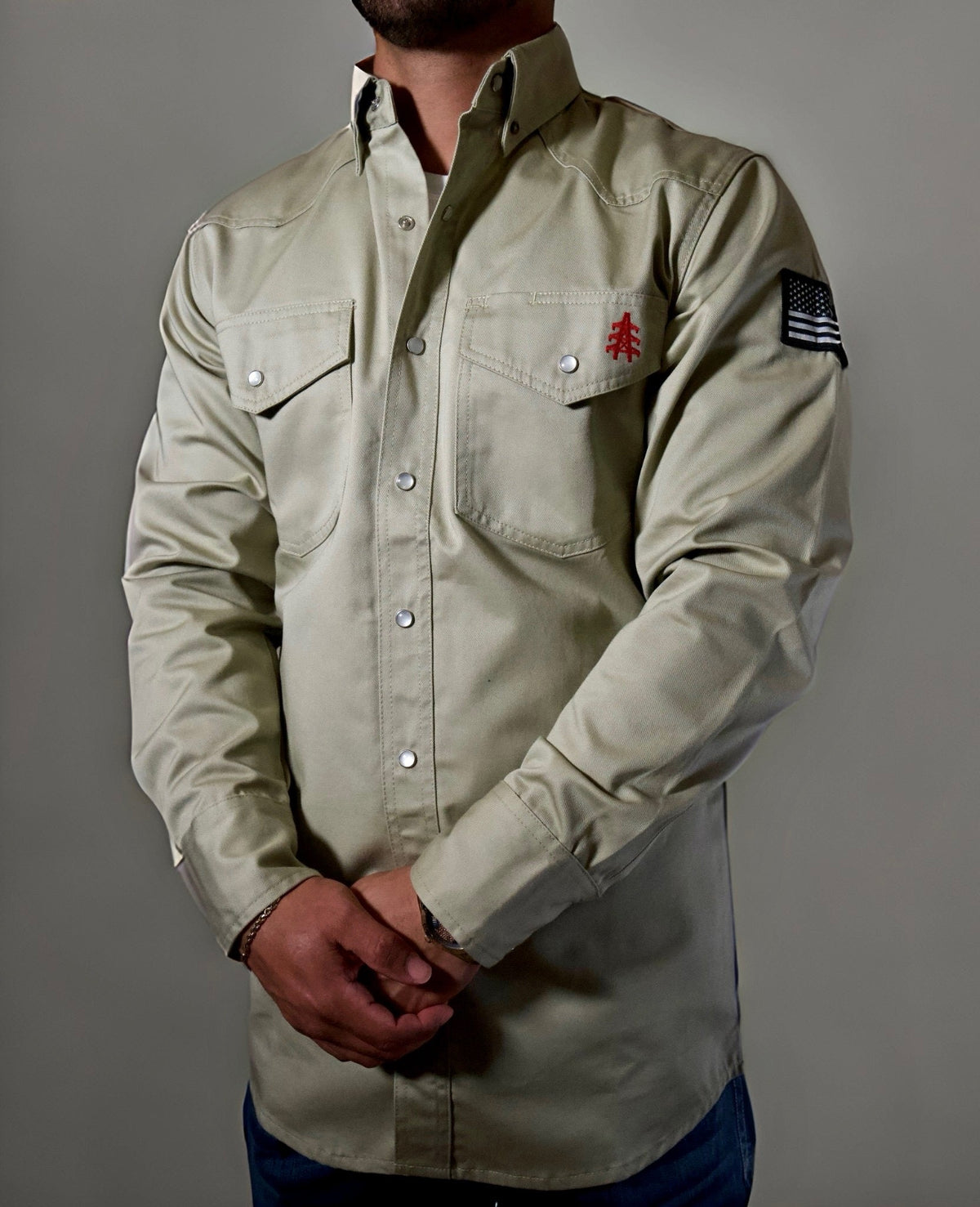 Khaki FR Western Pearl Snap with U.S. Flag – Flame-Resistant Work Shirt for Men
