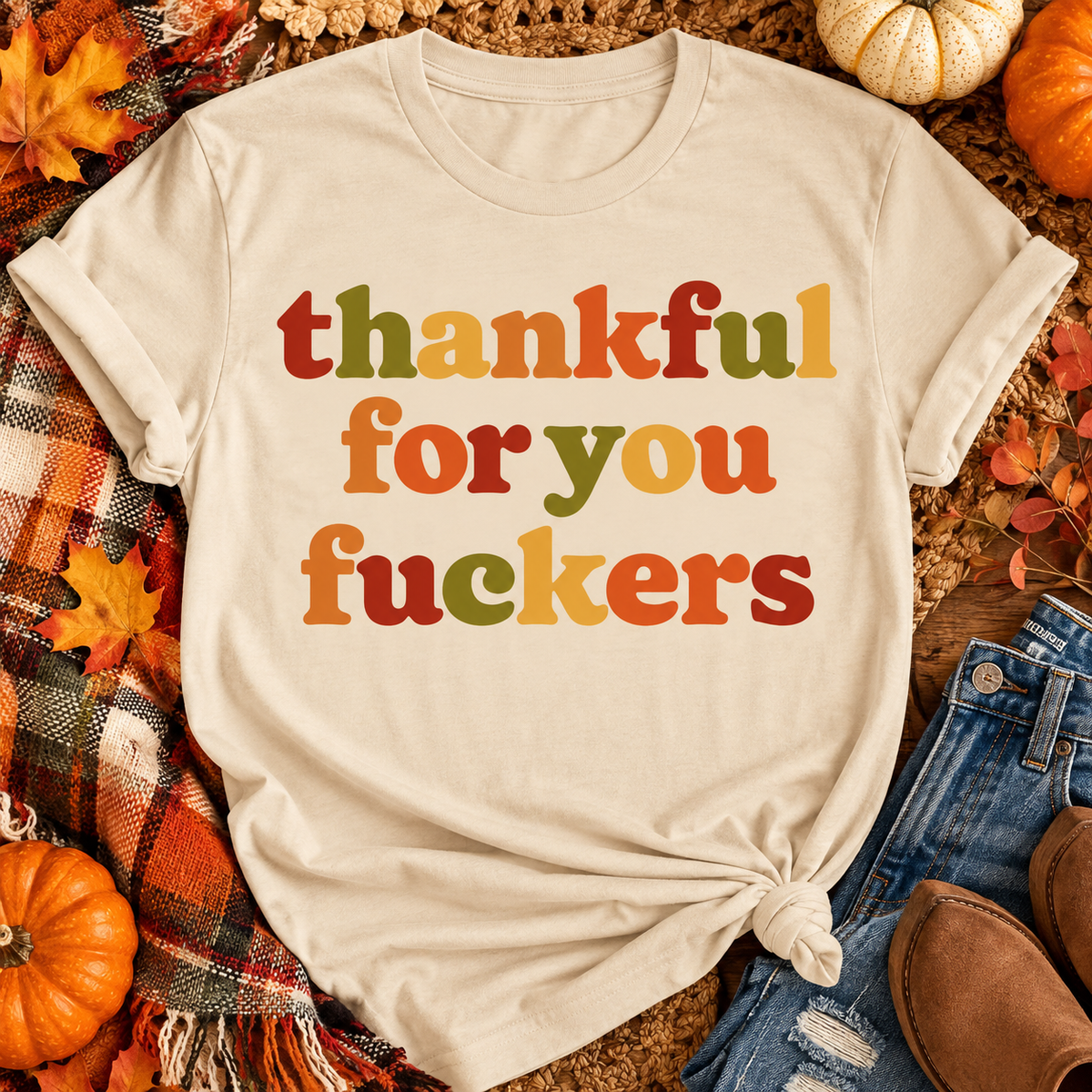 Thankful For You Fuckers Graphic Tee – Funny Retro Thanksgiving Shirt for Women