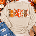 Thankful Patchwork Graphic Tee – Fall Patchwork Letters Shirt for Women