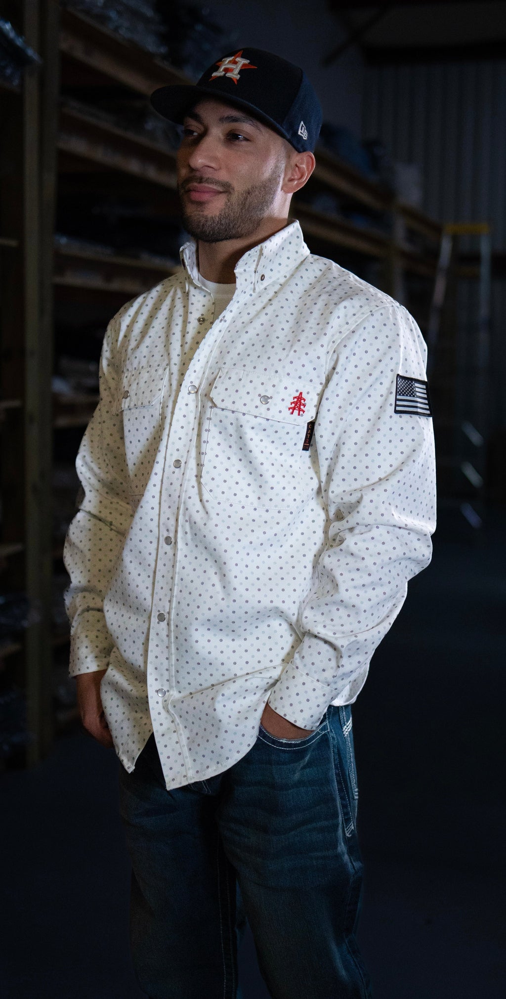 Phantom White FR Pearl Snap with U.S. Flag – Western Flame-Resistant Work Shirt for Men