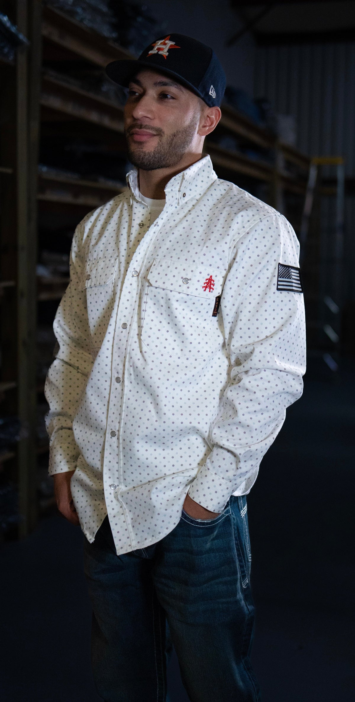 Phantom White FR Pearl Snap with U.S. Flag – Western Flame-Resistant Work Shirt for Men