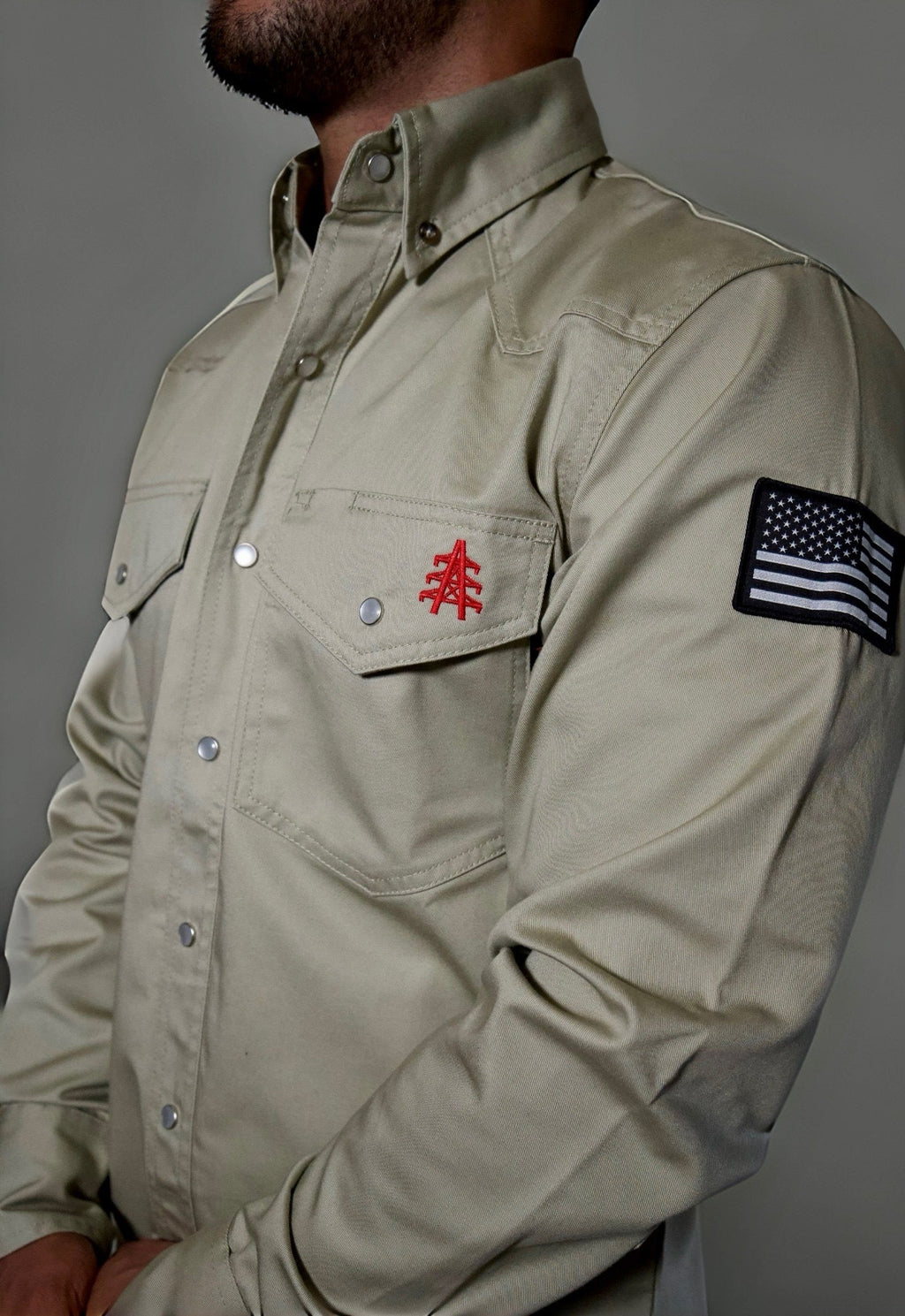 Khaki FR Western Pearl Snap with U.S. Flag – Flame-Resistant Work Shirt for Men