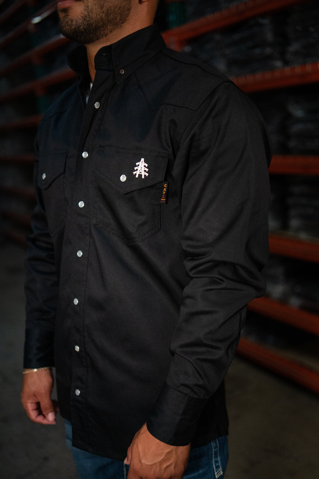Black FR Western Pearl Snap – Flame-Resistant Work Shirt for Men