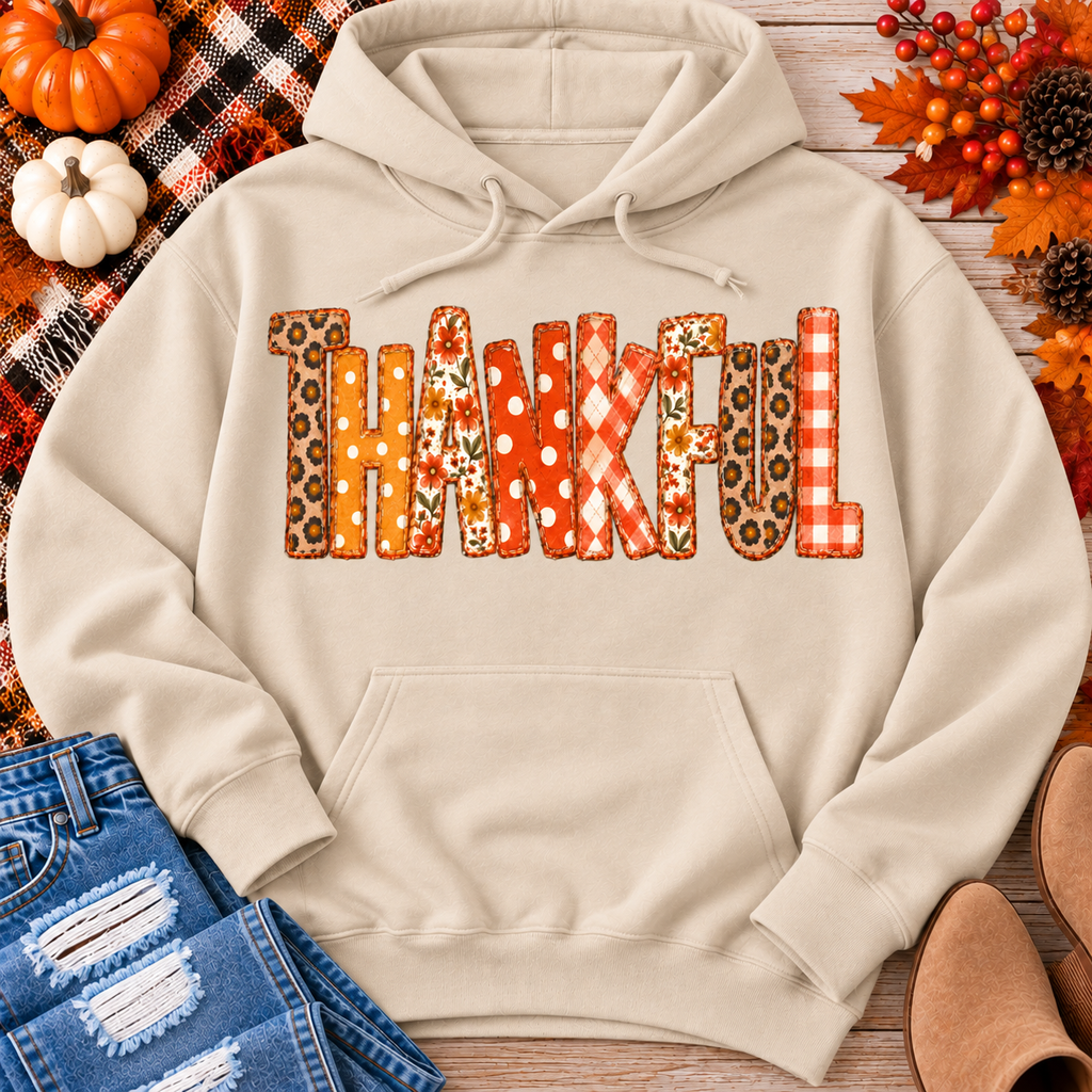 Thankful Patchwork Graphic Tee – Fall Patchwork Letters Shirt for Women