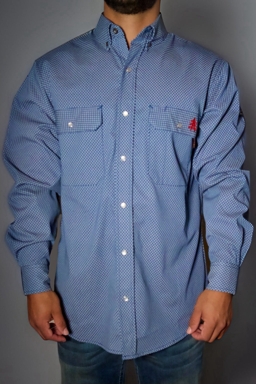 Conqueror Navy FR Pearl Snap with U.S. Flag – Western Flame-Resistant Work Shirt for Men