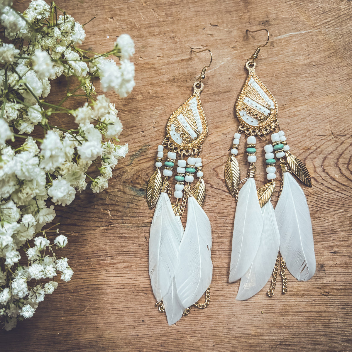 Gold Teardrop Feather Earrings – Boho Western Dangle Earrings for Women