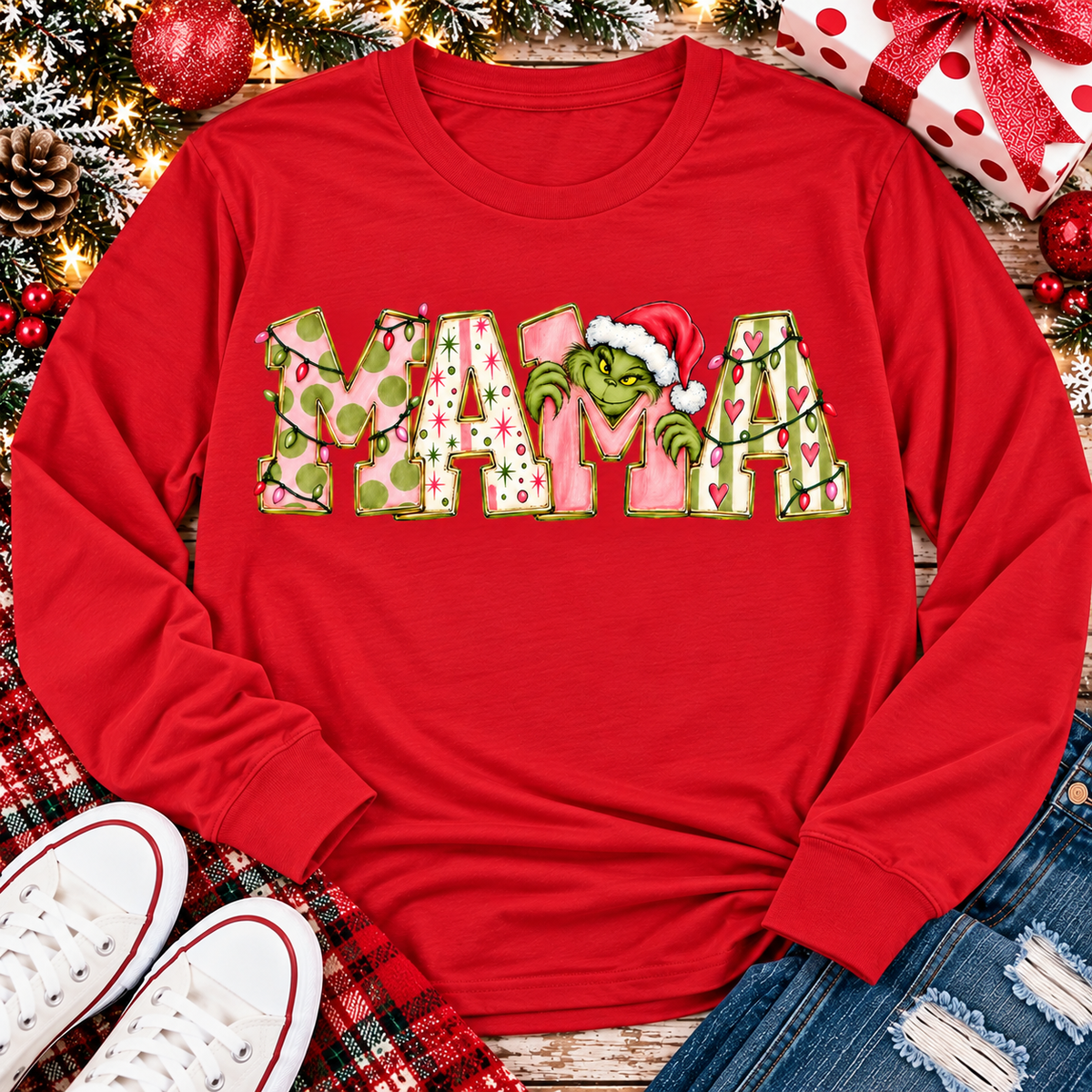 Mama Grinch Christmas Graphic Apparel – Festive Mama Holiday Shirt for Women (Tee, Long Sleeve, Hoodie & V-Neck)