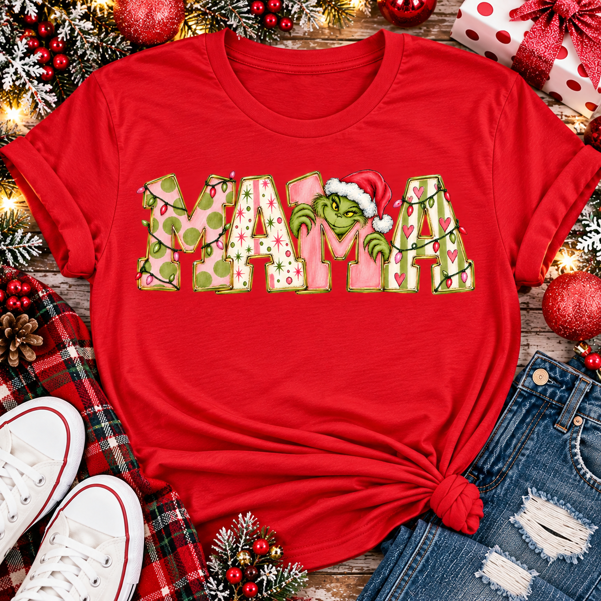 Mama Grinch Christmas Graphic Apparel – Festive Mama Holiday Shirt for Women (Tee, Long Sleeve, Hoodie & V-Neck)