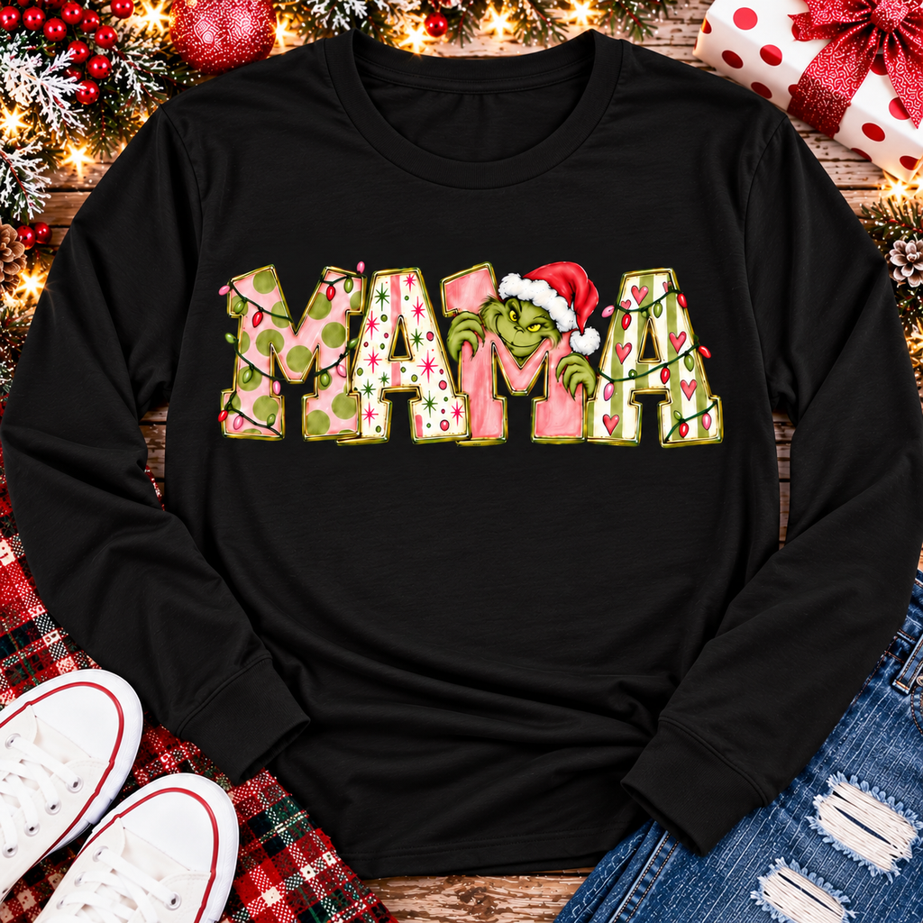 Mama Grinch Christmas Graphic Apparel – Festive Mama Holiday Shirt for Women (Tee, Long Sleeve, Hoodie & V-Neck)