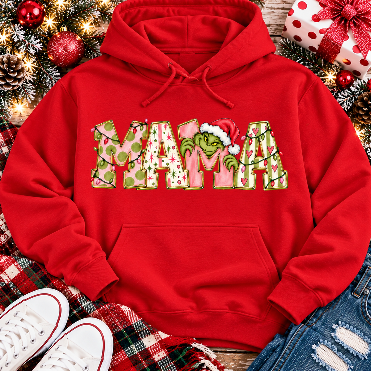 Mama Grinch Christmas Graphic Apparel – Festive Mama Holiday Shirt for Women (Tee, Long Sleeve, Hoodie & V-Neck)