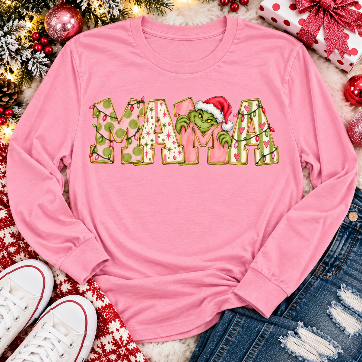 Mama Grinch Christmas Graphic Apparel – Festive Mama Holiday Shirt for Women (Tee, Long Sleeve, Hoodie & V-Neck)