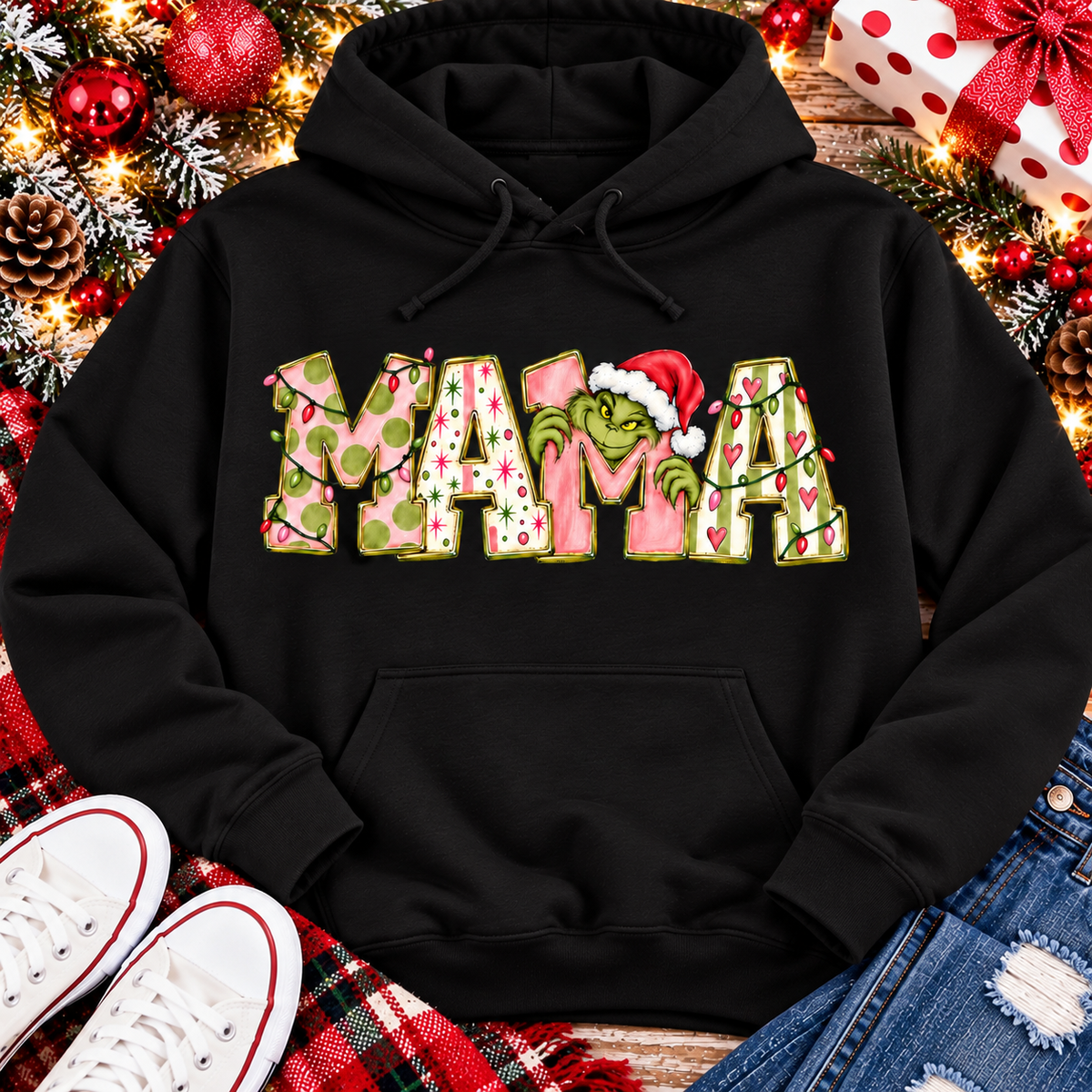 Mama Grinch Christmas Graphic Apparel – Festive Mama Holiday Shirt for Women (Tee, Long Sleeve, Hoodie & V-Neck)