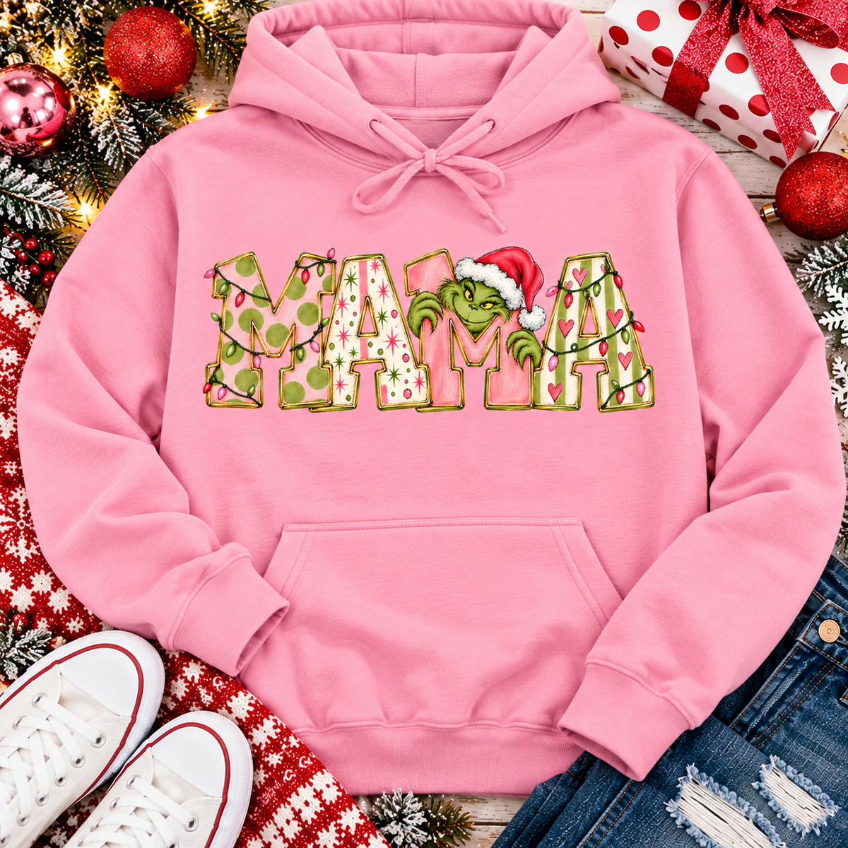 Mama Grinch Christmas Graphic Apparel – Festive Mama Holiday Shirt for Women (Tee, Long Sleeve, Hoodie & V-Neck)