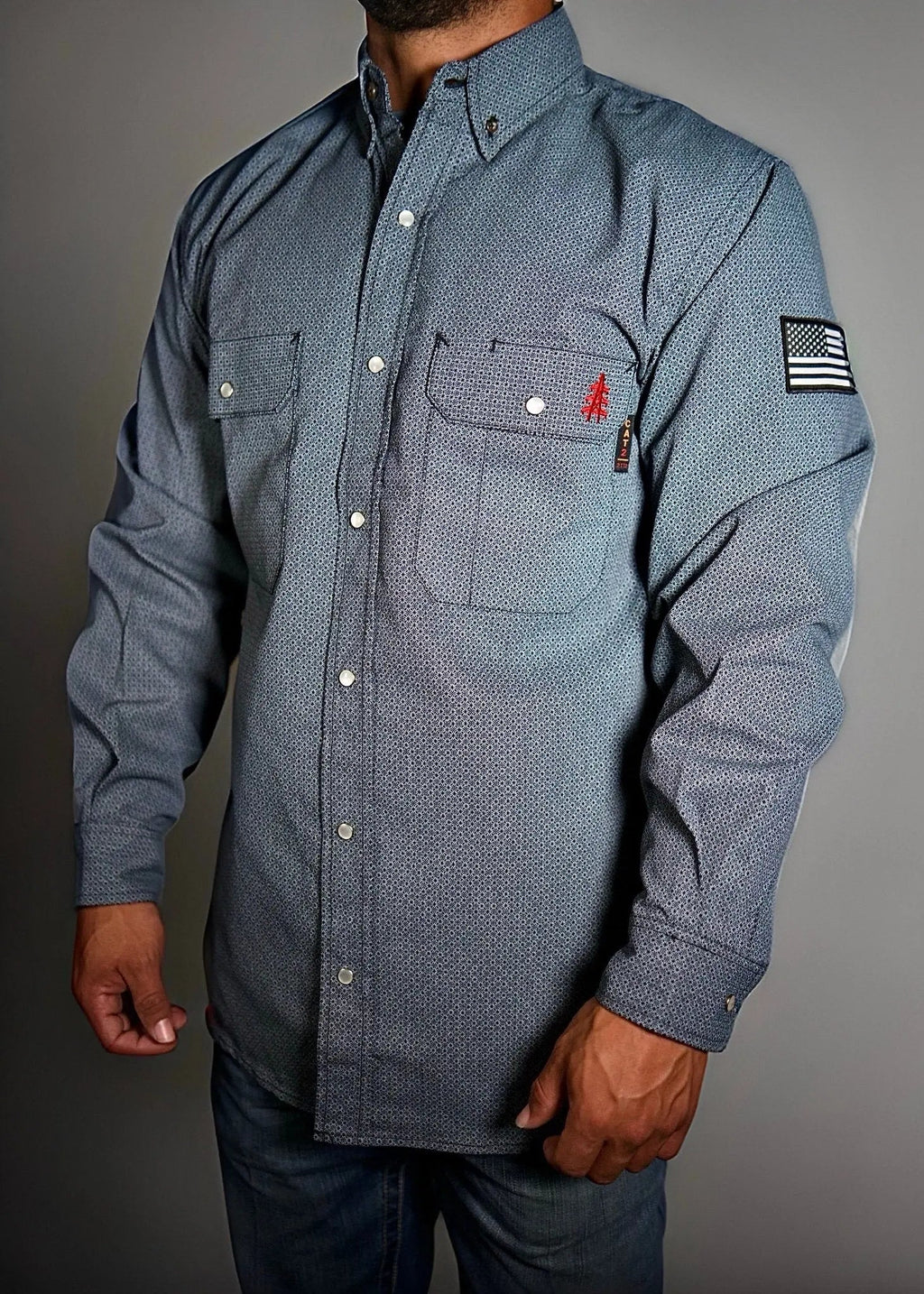 Forged Gray FR Pearl Snap with U.S. Flag – Western Flame-Resistant Work Shirt for Men