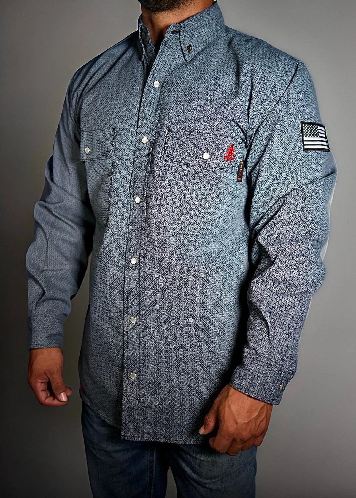 Forged Gray FR Pearl Snap with U.S. Flag – Western Flame-Resistant Work Shirt for Men