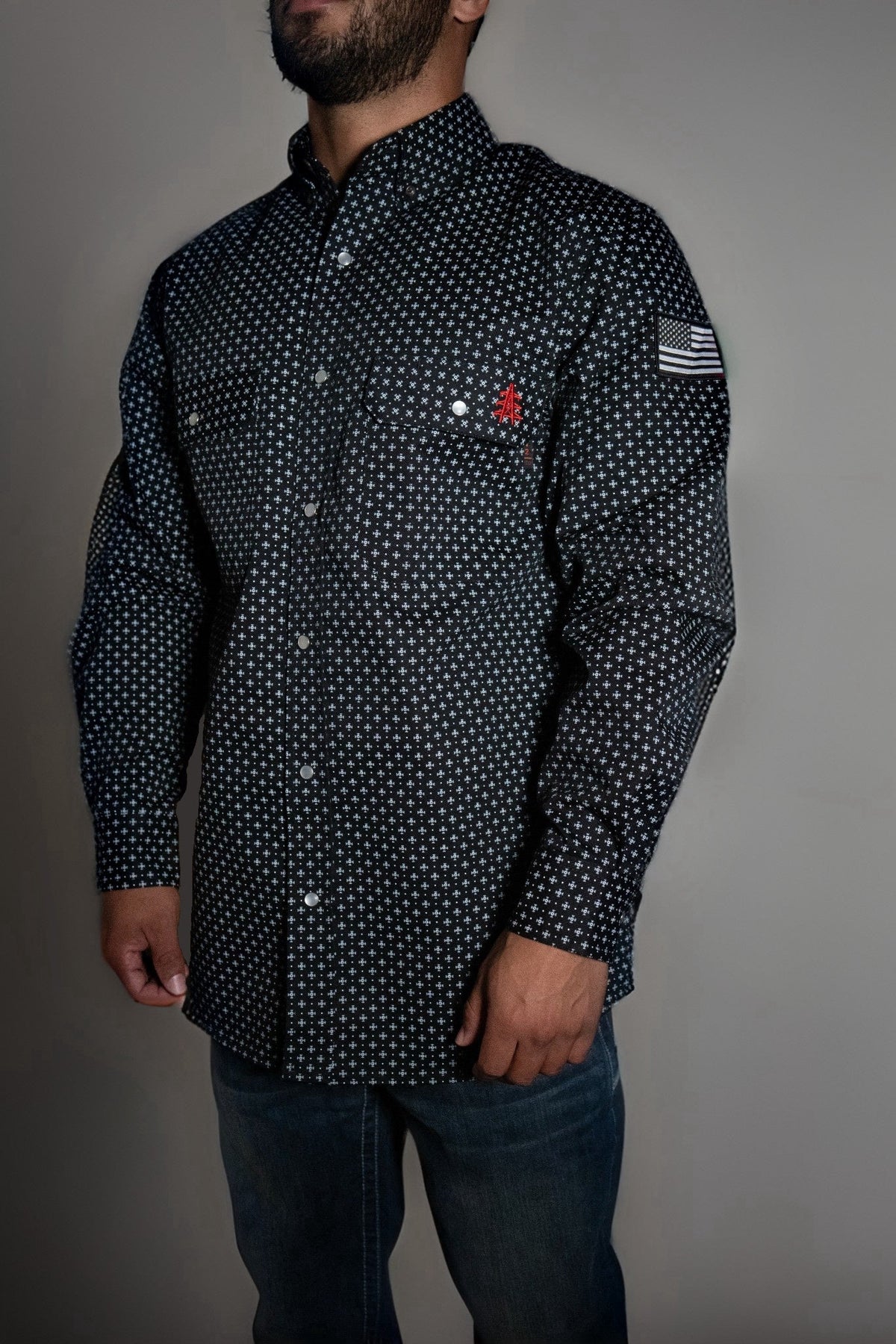 Reaper Black FR Pearl Snap with U.S. Flag – Western Flame-Resistant Work Shirt for Men