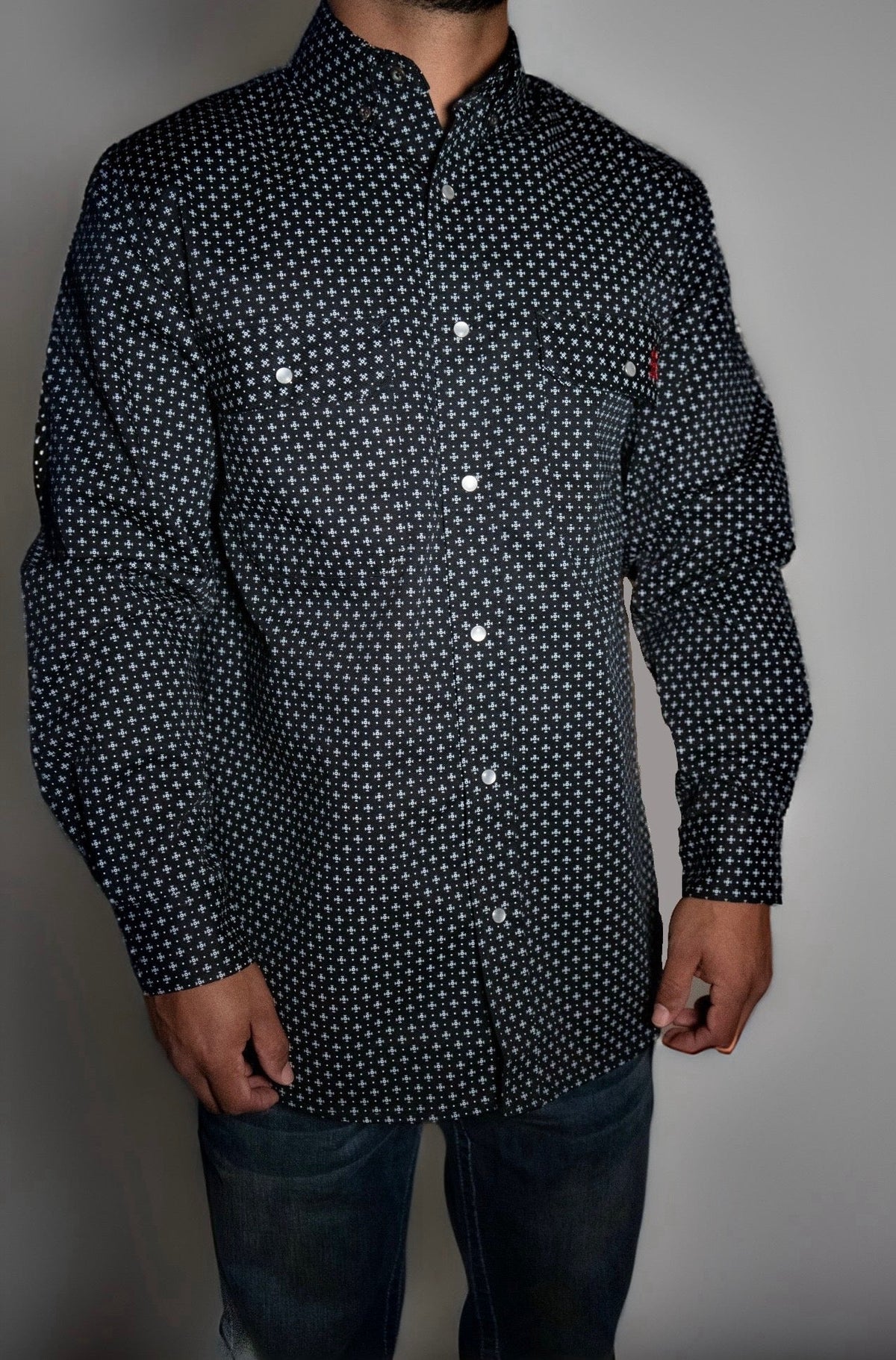 Reaper Black FR Pearl Snap with U.S. Flag – Western Flame-Resistant Work Shirt for Men