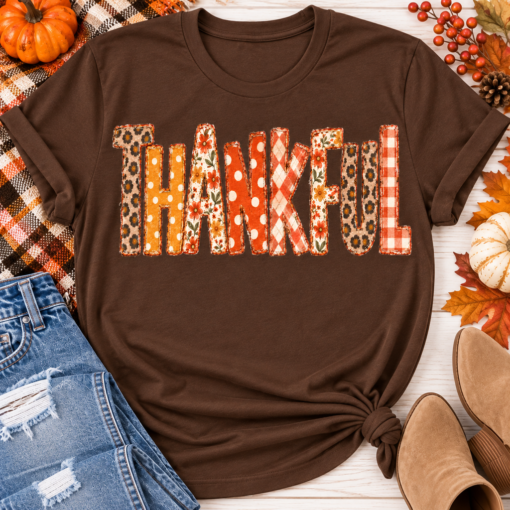 Thankful Patchwork Graphic Tee – Fall Patchwork Letters Shirt for Women