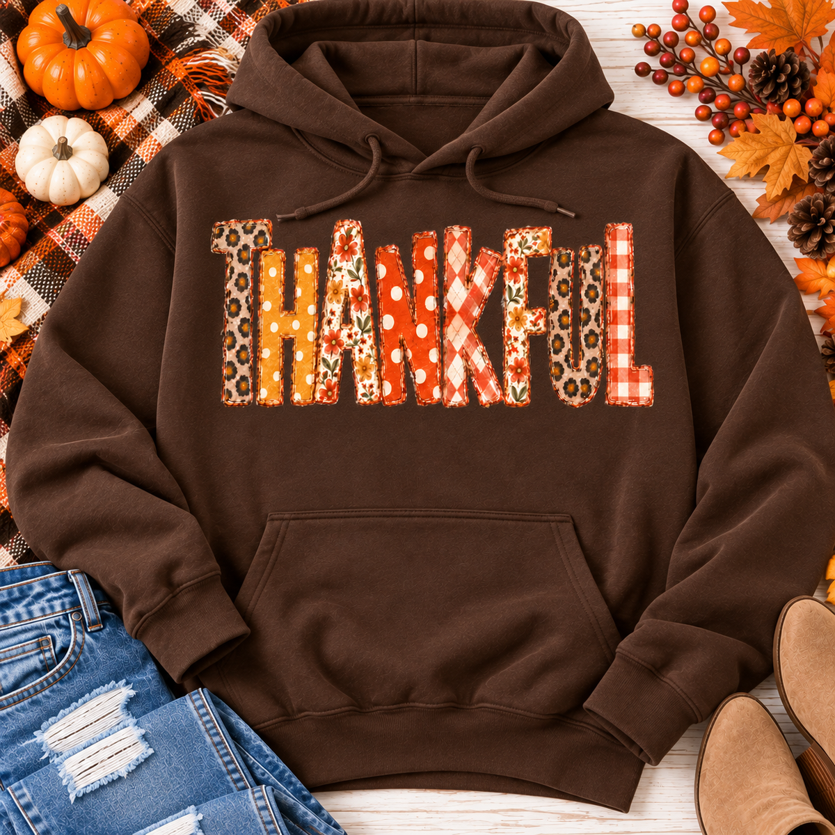 Thankful Patchwork Graphic Tee – Fall Patchwork Letters Shirt for Women