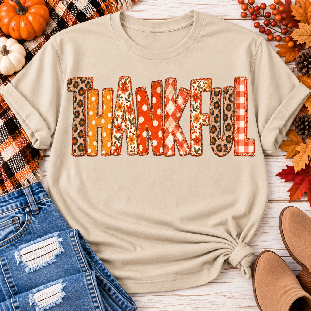 Thankful Patchwork Graphic Tee – Fall Patchwork Letters Shirt for Women