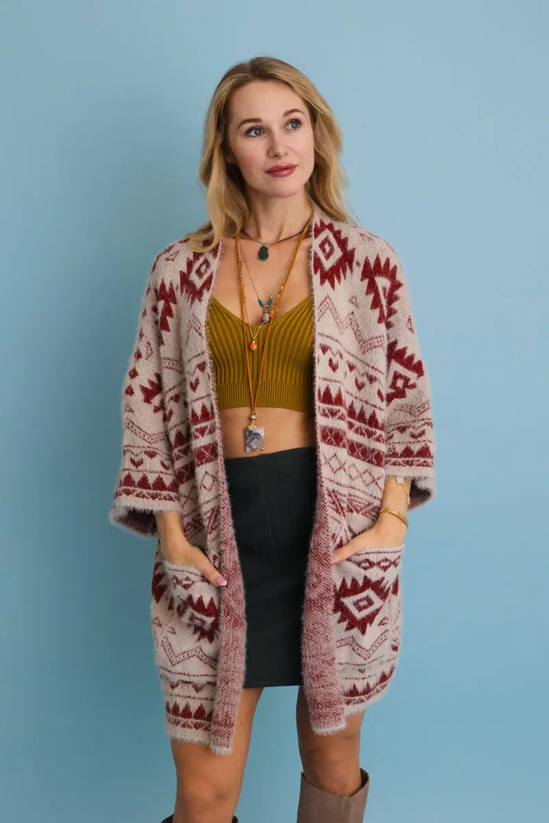 Aztec Soft Knit Cardigan – Tribal Print Western Sweater for Women