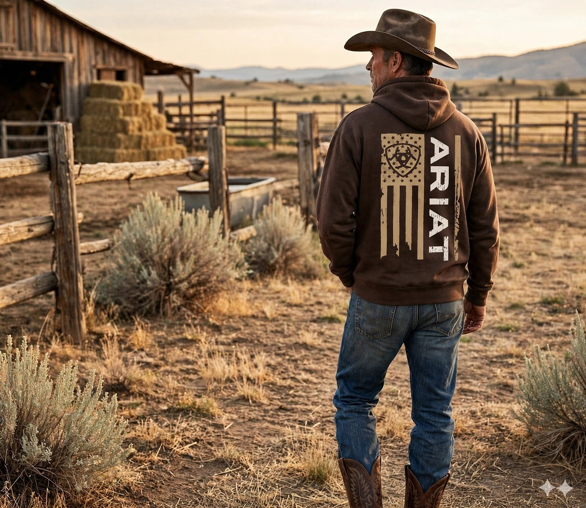 Ariat Flag Hoodie worn with jeans and cowboy boots at a ranch