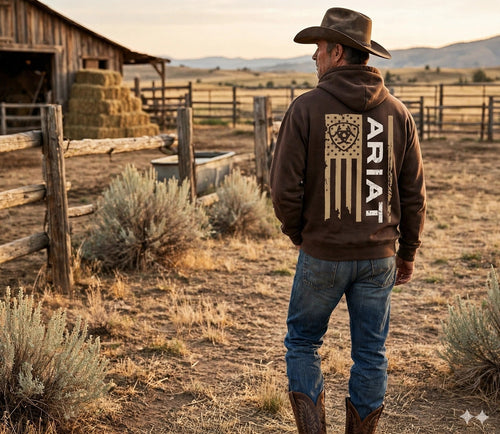 Ariat Flag Hoodie worn with jeans and cowboy boots at a ranch