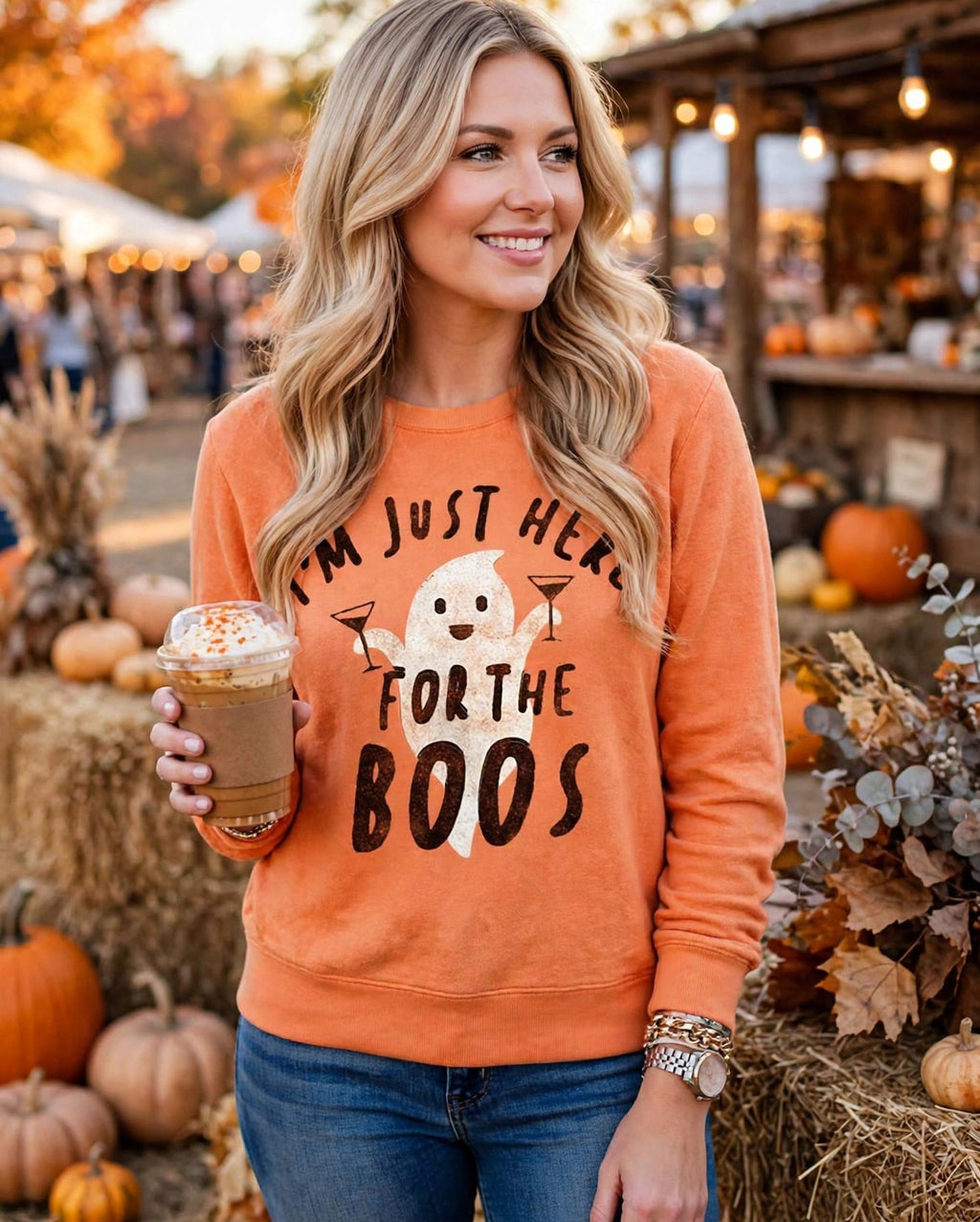 Halloween Boos Sweatshirt worn at a fall festival with a pumpkin spice drink