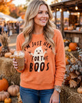 Halloween Boos Sweatshirt worn at a fall festival with a pumpkin spice drink