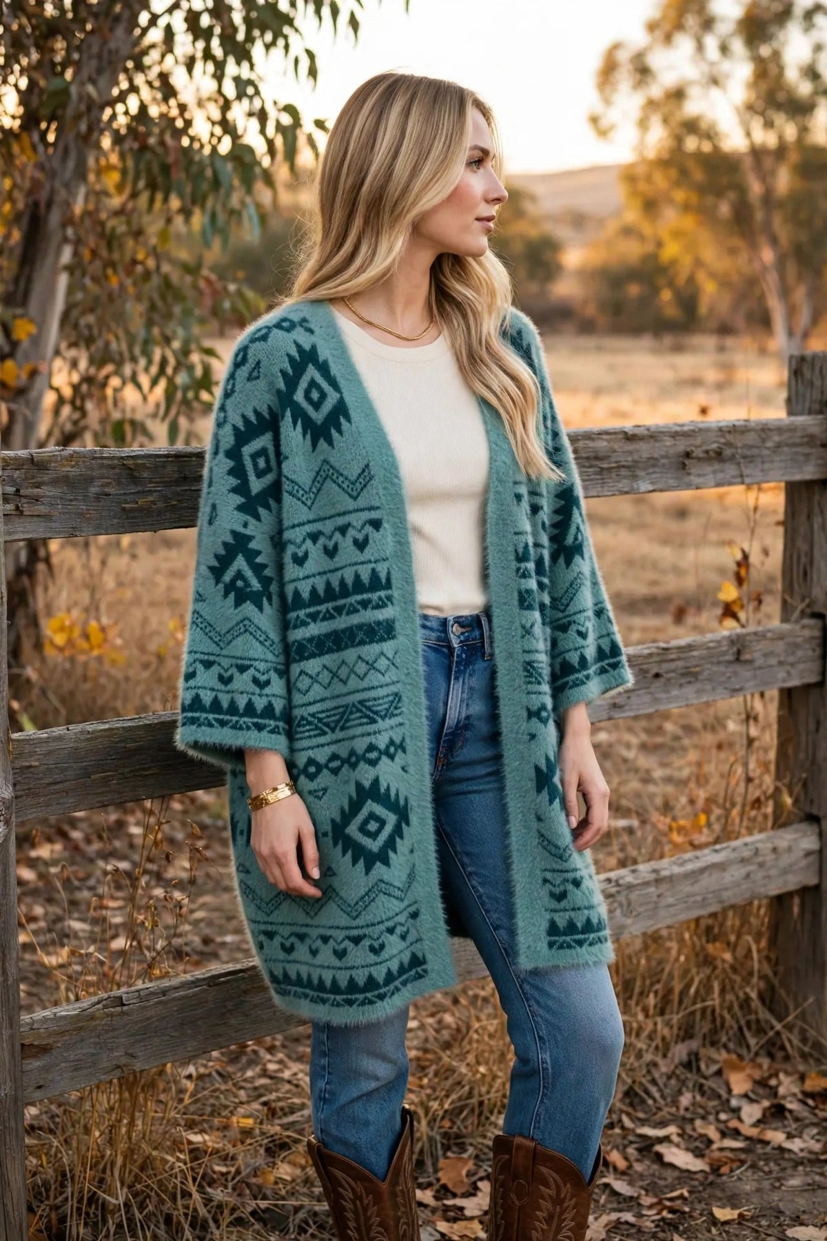 Aztec soft knit cardigan in Green, worn with jeans and cowboy boots