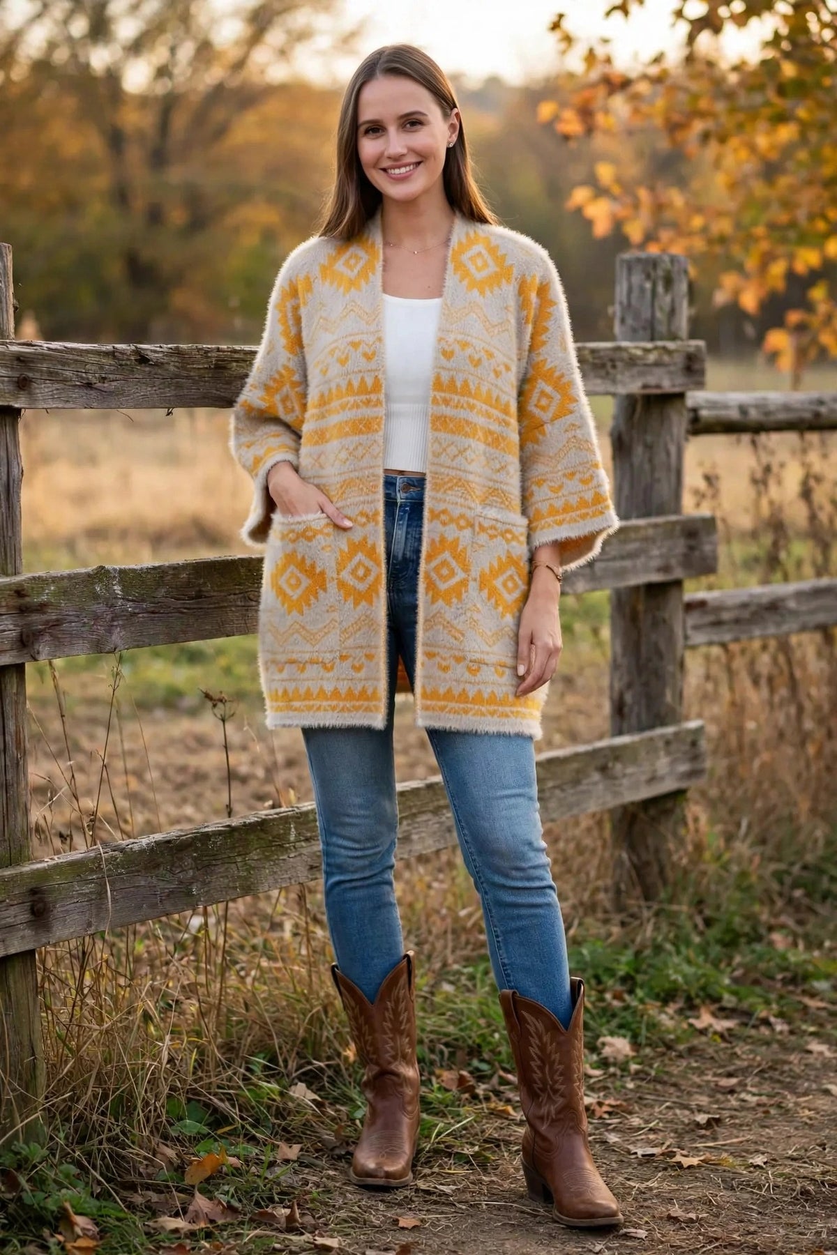 Aztec soft knit cardigan in Mustard, worn with jeans and cowboy boots