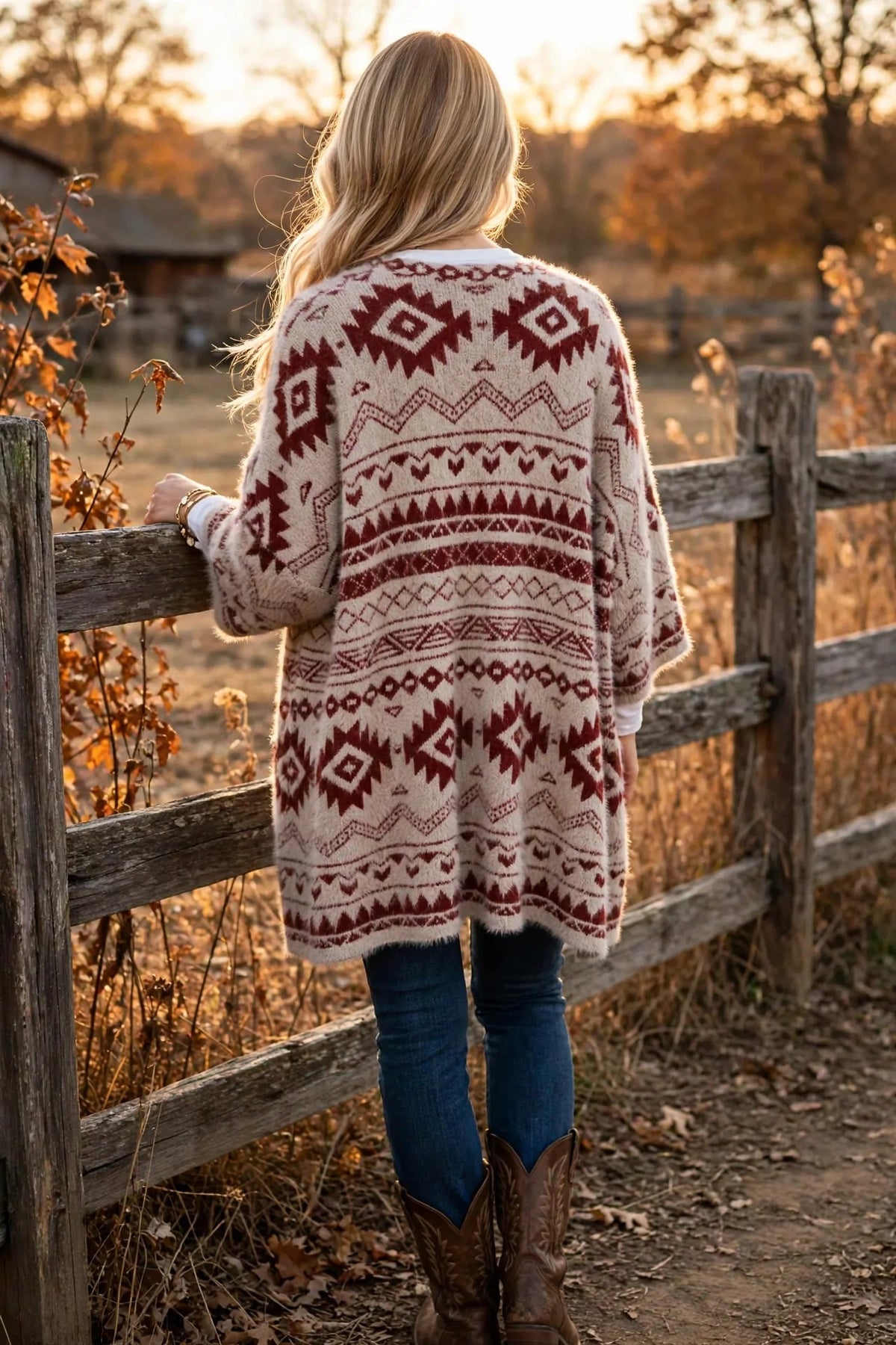 Aztec soft knit cardigan in Rust, back view showing the full tribal pattern