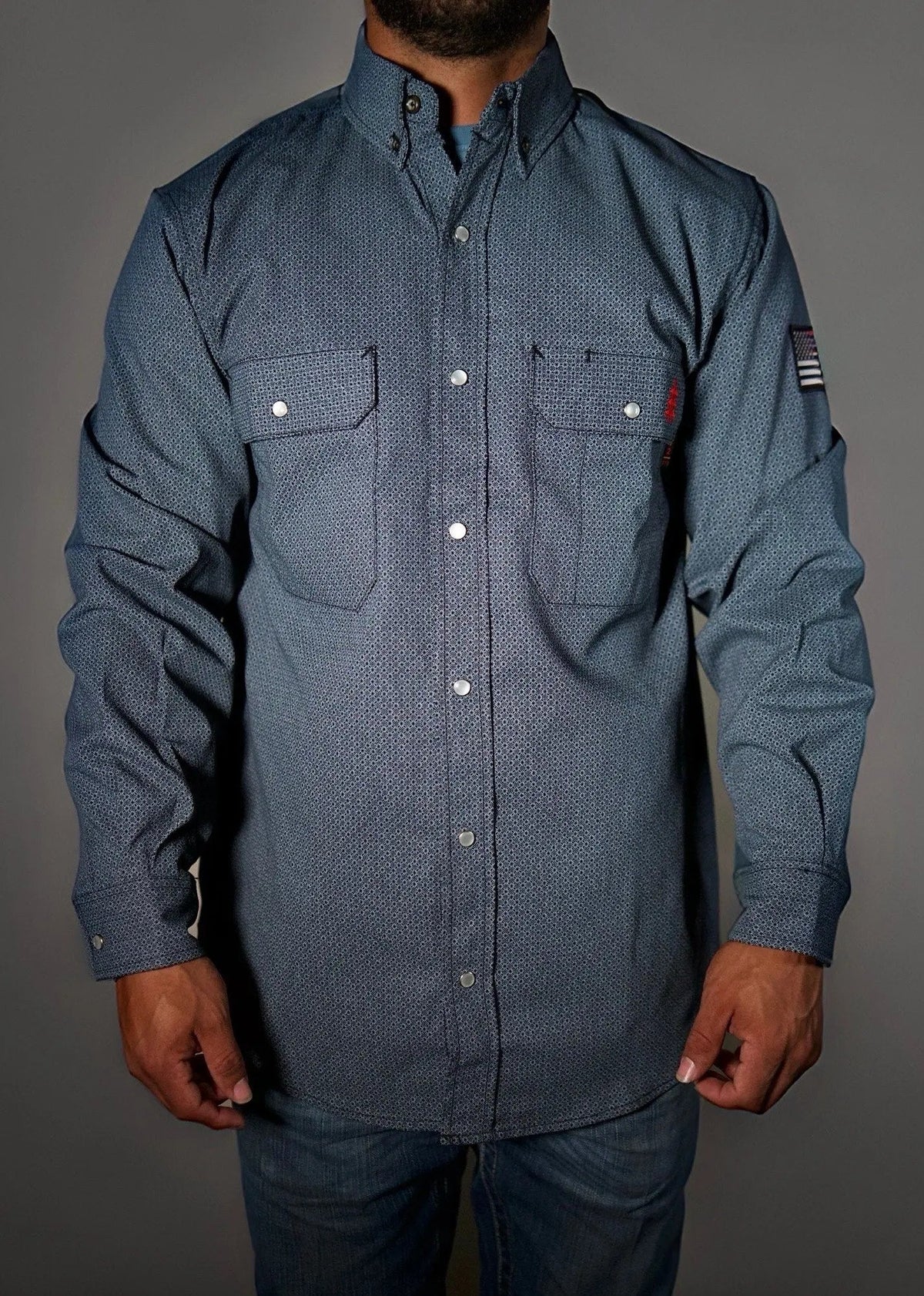 Forged Gray FR Pearl Snap with U.S. Flag – Western Flame-Resistant Work Shirt for Men