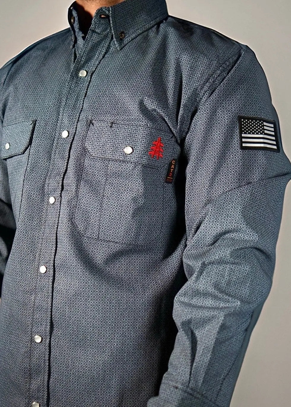 Forged Gray FR Pearl Snap with U.S. Flag – Western Flame-Resistant Work Shirt for Men