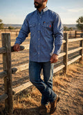 Honor Navy FR Pearl Snap Work Shirt — lifestyle photo