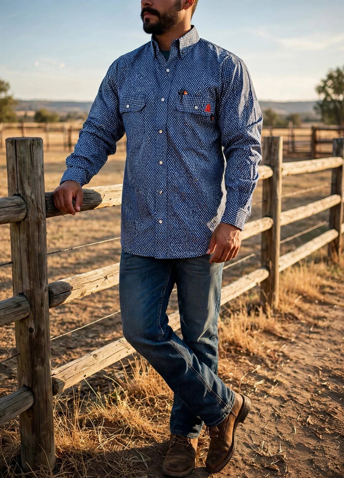 Honor Navy FR Pearl Snap Work Shirt — lifestyle photo