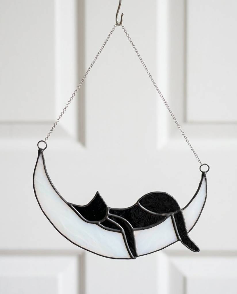 Handmade Stained Glass Black Cat on Moon Suncatcher – Celestial Window Hanging
